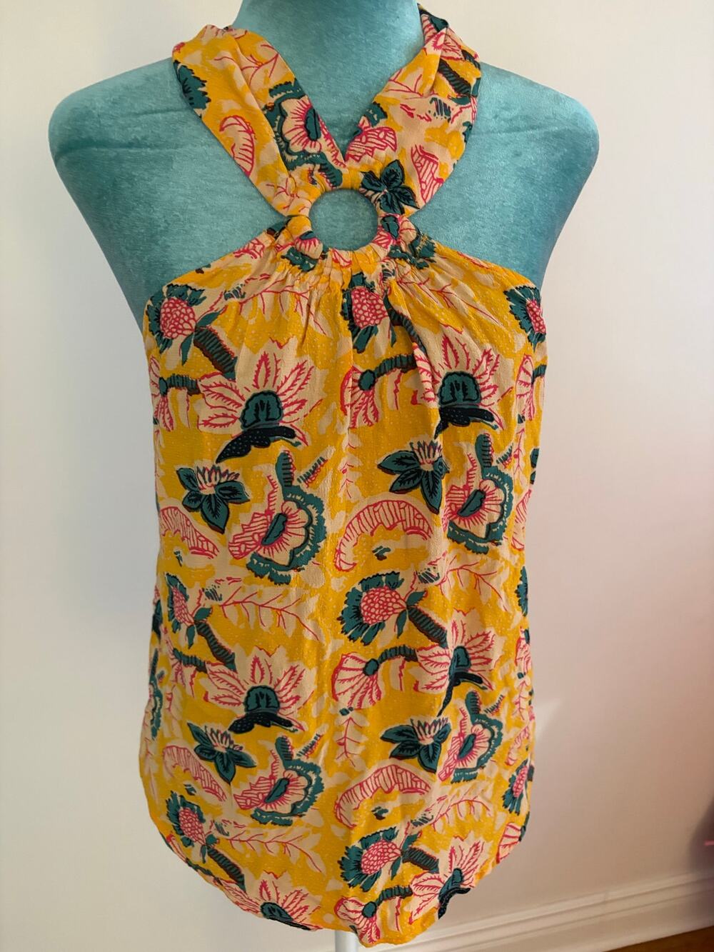 Maeve Anthropologie Yellow Floral Halter Top O-Ring Keyhole Boho Abstract Size 6